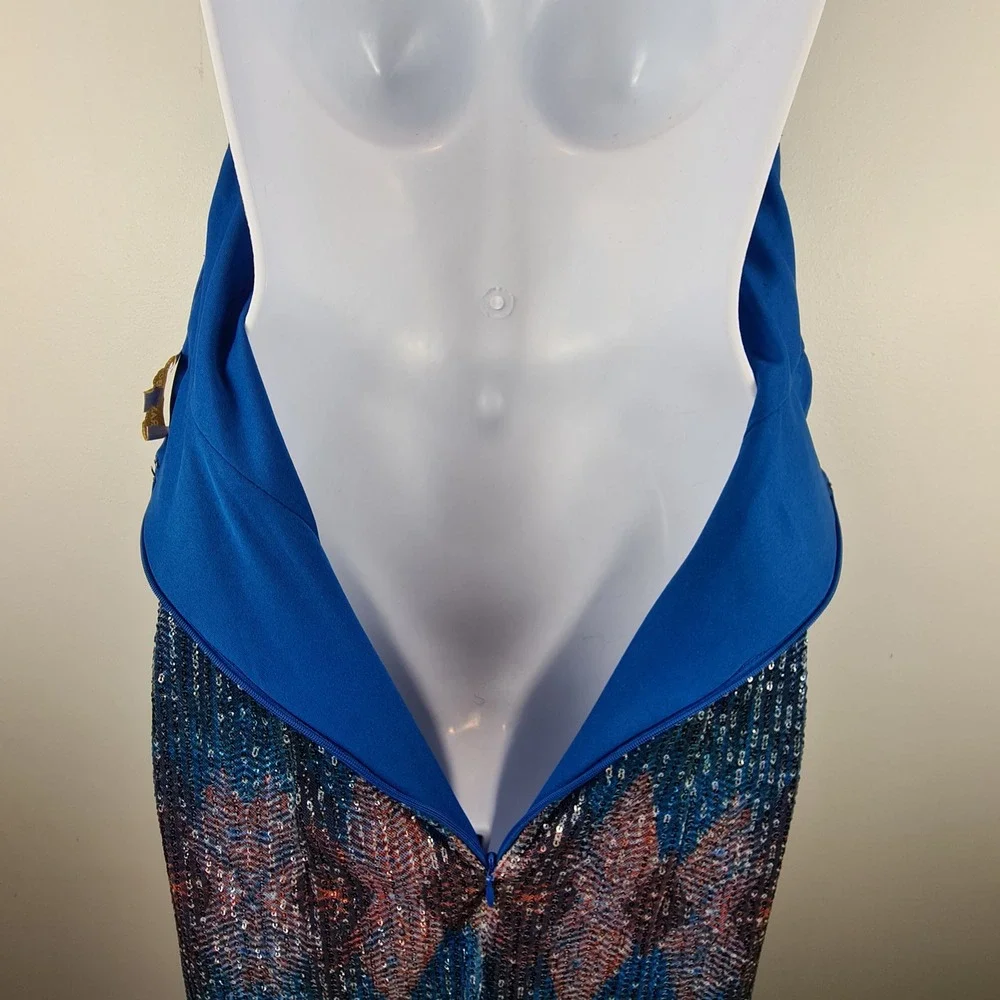 Ramy Brook Blue Multicolor Sequin Halter Midi Dress Size 6 Geometric Glam Slit - Picture 10 of 13